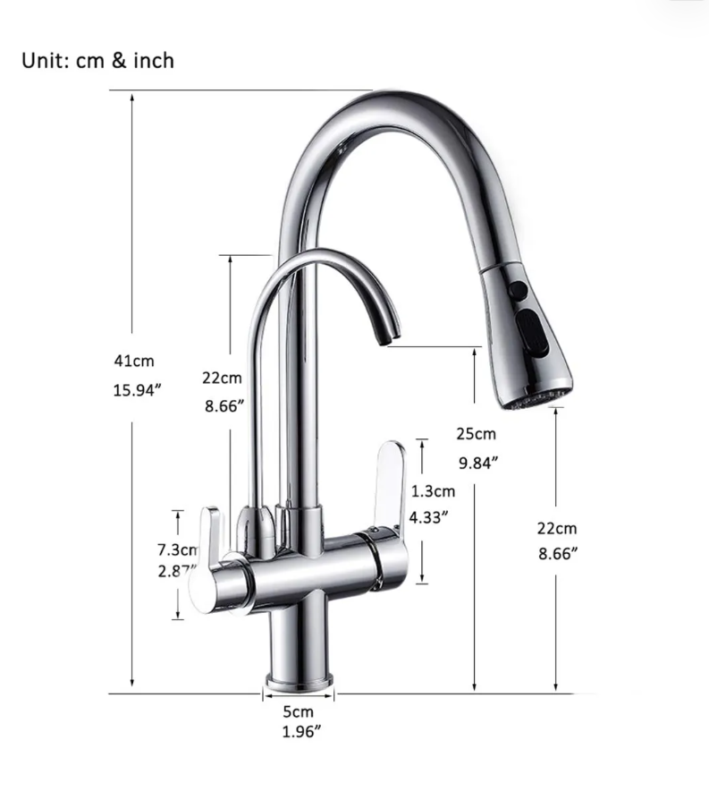 3-Way Kitchen Taps Pure Water Filter Pull Down Mixer – Brass Chrome