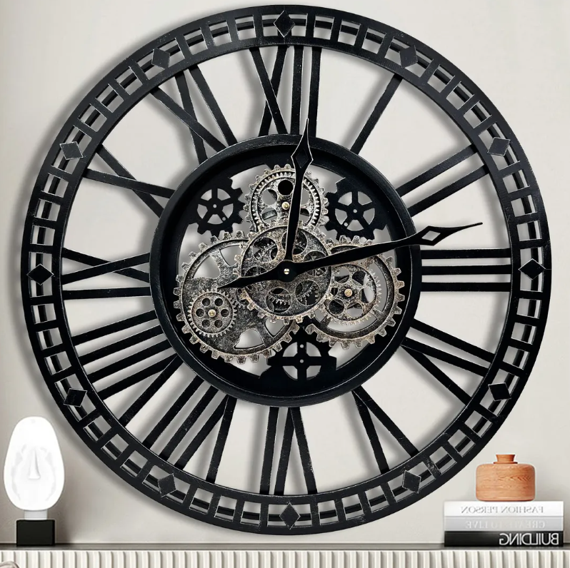 Large Wall Clock Moving Gears Oversized Industrial Decor – Black Silver 60cm