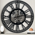 Large Wall Clock Moving Gears Oversized Industrial Decor – Black Silver 60cm