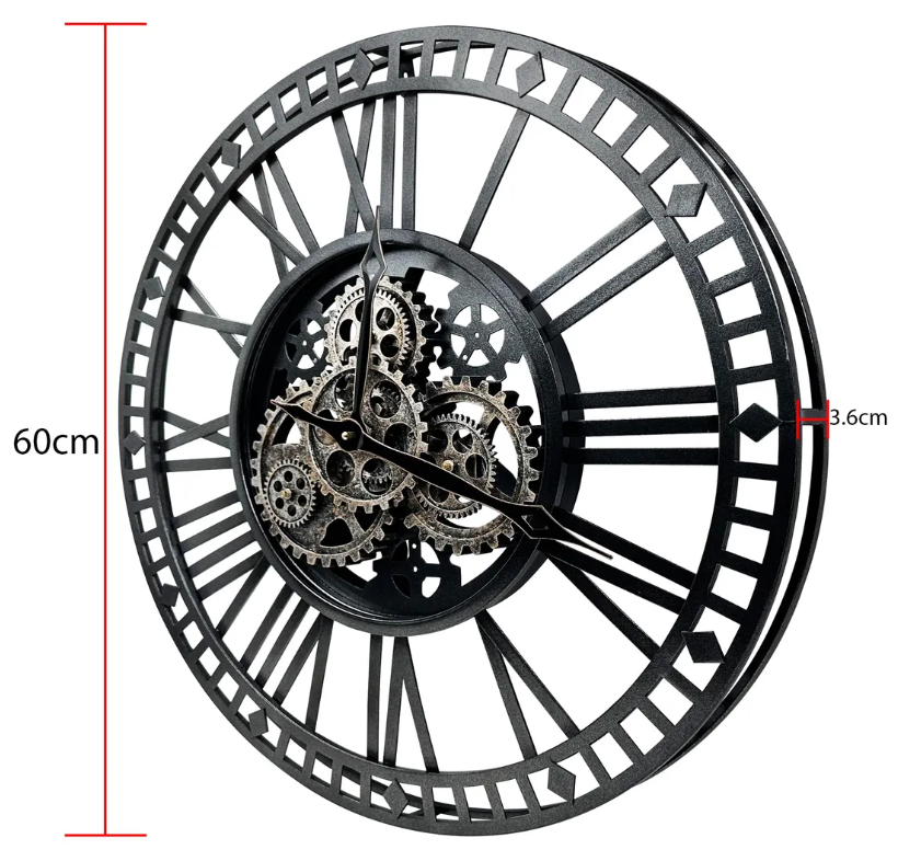 Large Wall Clock Moving Gears Oversized Industrial Decor – Black Silver 60cm
