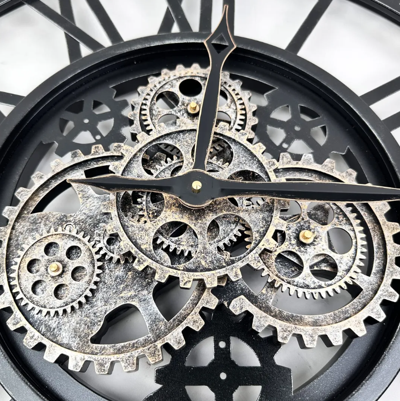 Large Wall Clock Moving Gears Oversized Industrial Decor – Black Silver 60cm