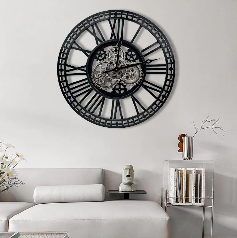 Large Wall Clock Moving Gears Oversized Industrial Decor – Black Silver 60cm