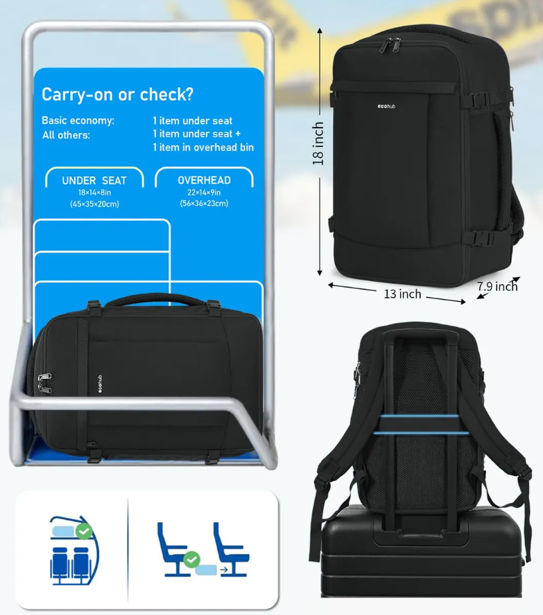 ECOHUB Anti-theft Cabin Bag 30L with Laptop Compartment – Black 45x36x20