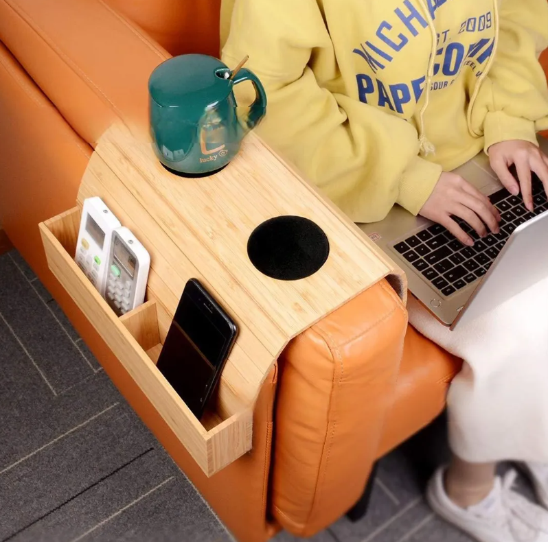 Wooden Sofa Armrest Tray Table for Drinks and Snacks – Wood Colour