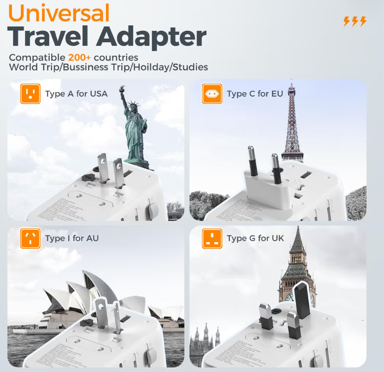 Universal Travel Adapter with 4 USB Ports – Grey White