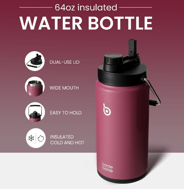 Insulated Water Bottle 2L with Straw and Dual-use Lid for Sports & Workout – Red