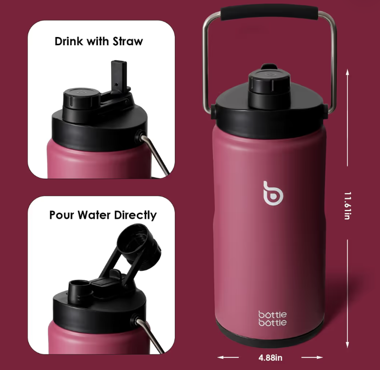 Insulated Water Bottle 2L with Straw and Dual-use Lid for Sports & Workout – Red