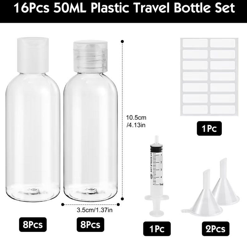 Travel Bottles 16Pcs Refillable Plastic Containers with Funnel – Clear 50ml