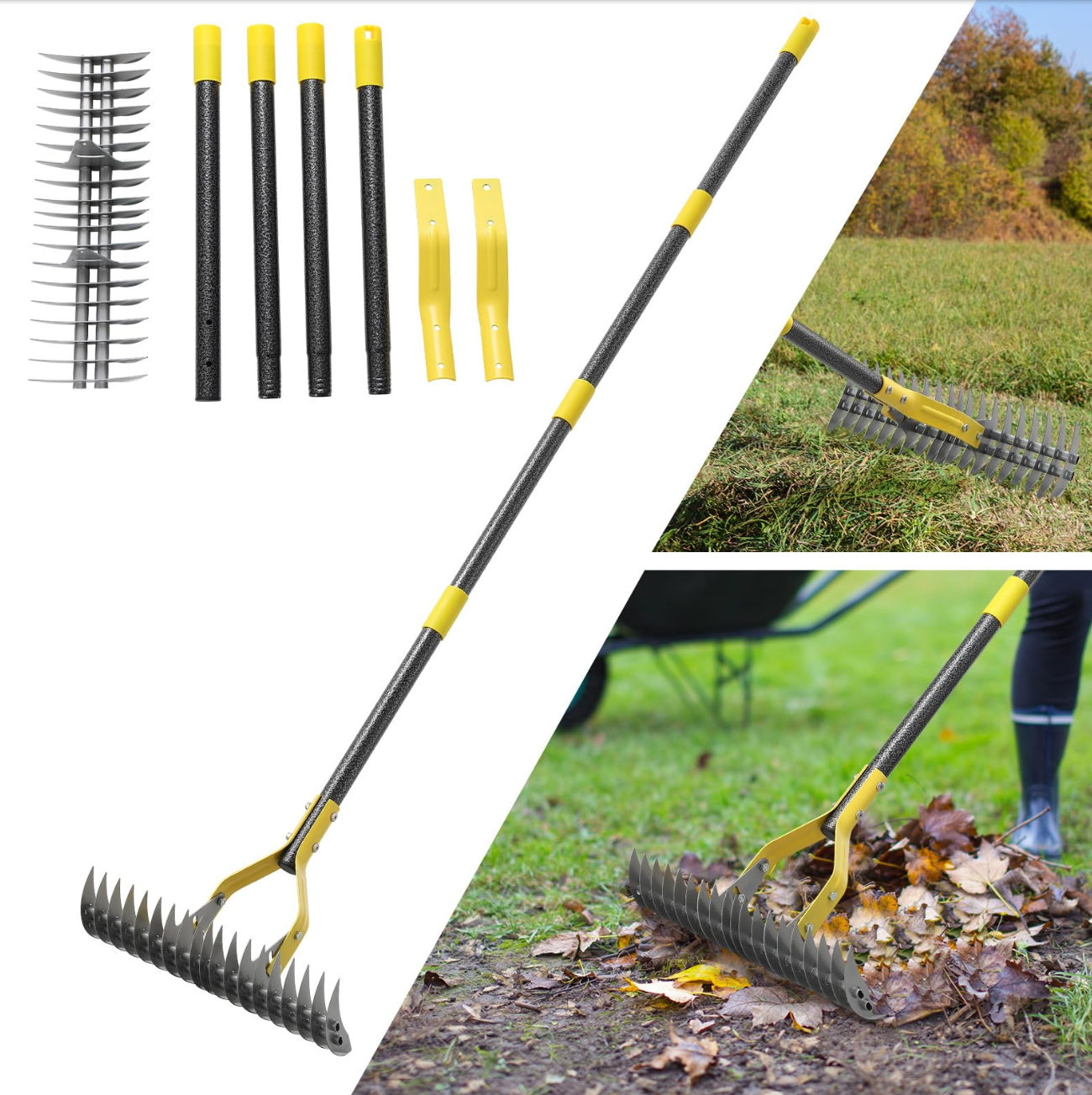 Heavy Duty Thatch Rake Adjustable 177 cm for Lawn Care – Black