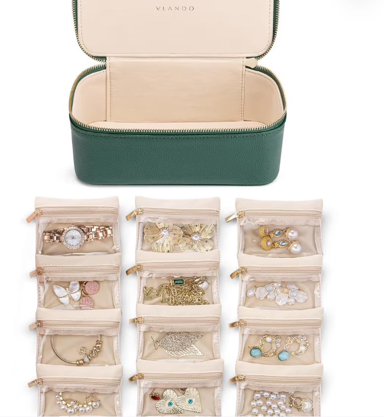 Vlando Travel Jewellery Organiser with 12 Pouches – Green-L