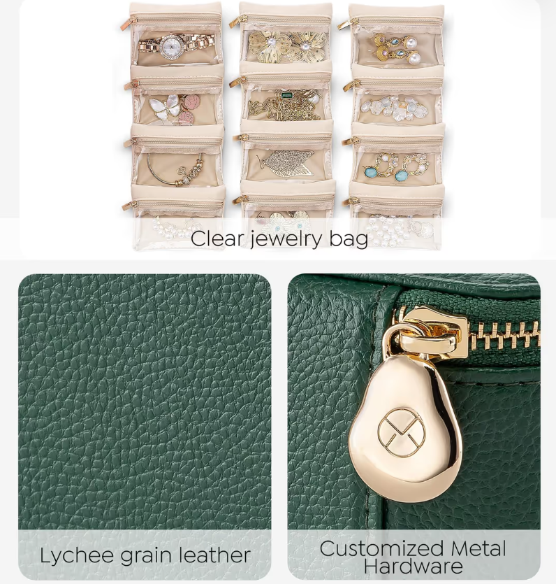 Vlando Travel Jewellery Organiser with 12 Pouches – Green-L