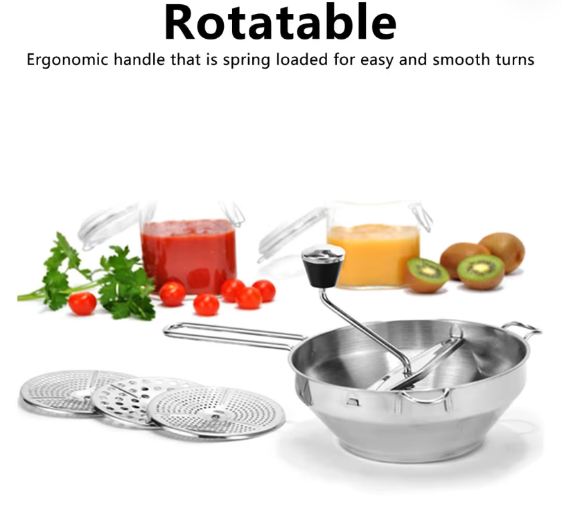 Food Mill Stainless Steel 3 Interchangeable Plates Mashing Straining Grating – Silver