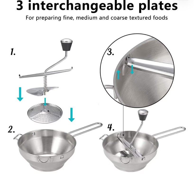 Food Mill Stainless Steel 3 Interchangeable Plates Mashing Straining Grating – Silver