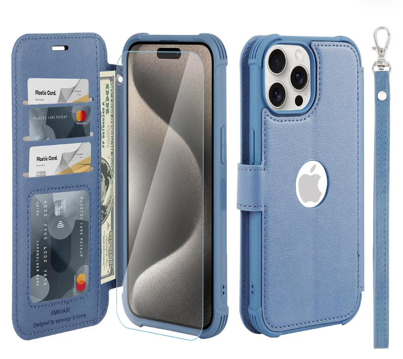 VANAVAGY iPhone 15 Pro Max Wallet Case – Leather Flip Folio, Shockproof, RFID Blocking, Blue