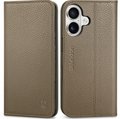 SHIELDON iPhone 16 Leather Wallet Folio Case RFID Blocking Kickstand – Pebbled Khaki