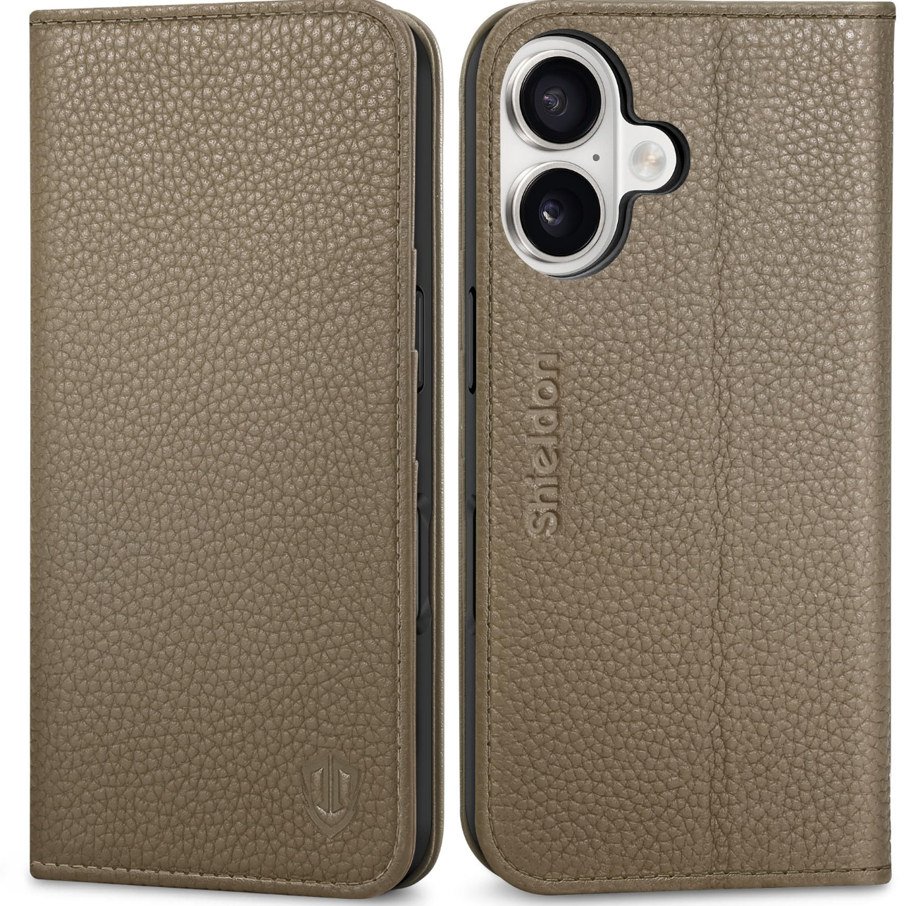 SHIELDON iPhone 16 Leather Wallet Folio Case RFID Blocking Kickstand – Pebbled Khaki