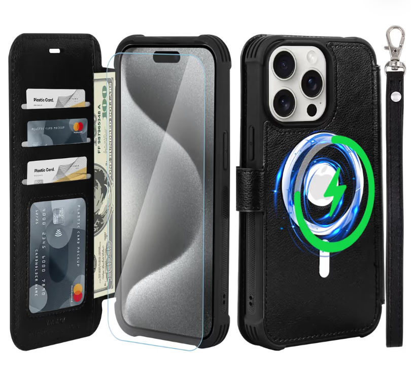 iPhone 15 Pro Max Wallet Case Leather Flip Folio with RFID Blocking – Black
