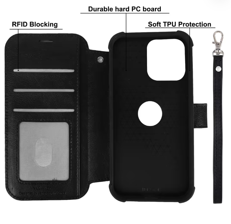 iPhone 15 Pro Max Wallet Case Leather Flip Folio with RFID Blocking – Black