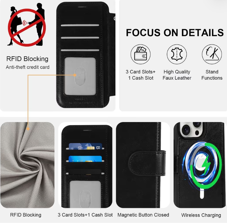 iPhone 15 Pro Max Wallet Case Leather Flip Folio with RFID Blocking – Black