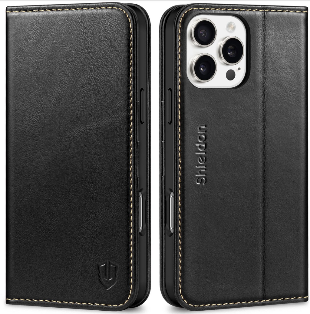 SHIELDON iPhone 16 Pro Max Leather Wallet Case RFID Blocking – Retro Black