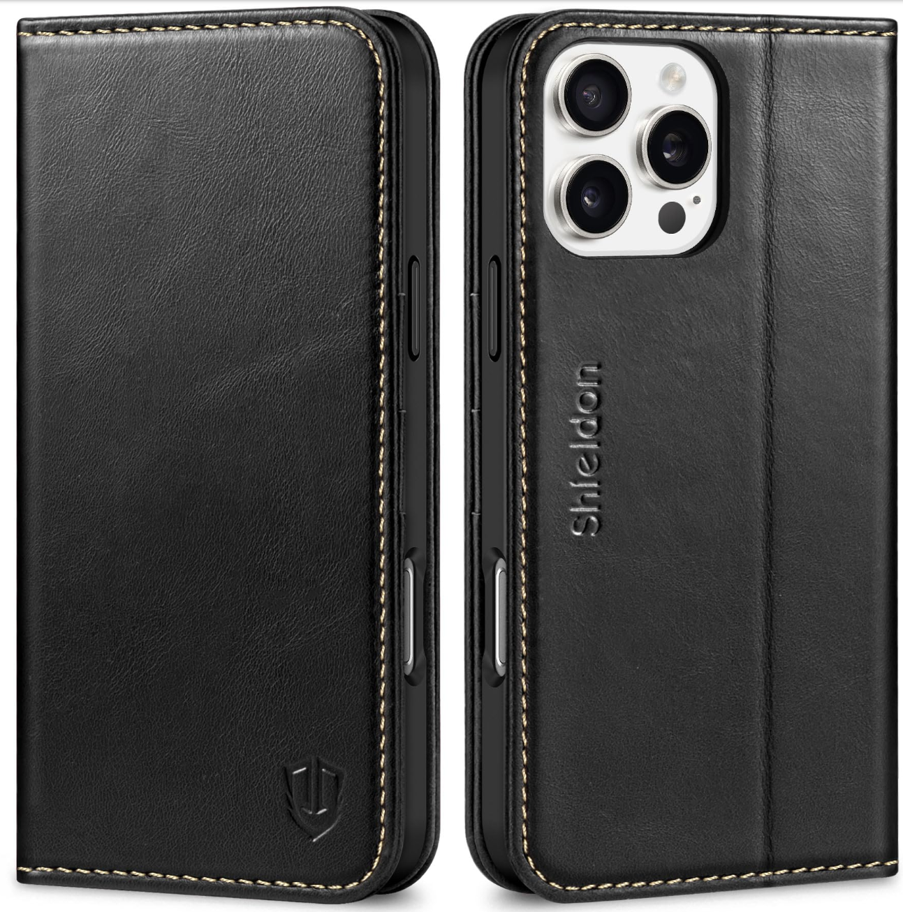 SHIELDON iPhone 16 Pro Max Leather Wallet Case RFID Blocking – Retro Black
