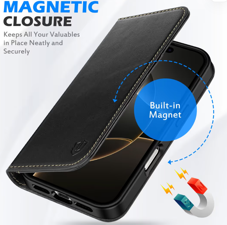 SHIELDON iPhone 16 Pro Max Leather Wallet Case RFID Blocking – Retro Black
