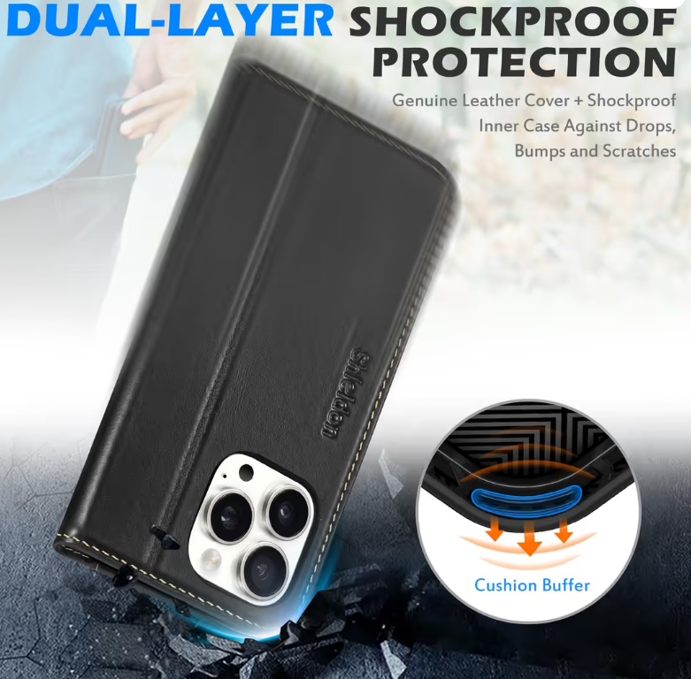 SHIELDON iPhone 16 Pro Max Leather Wallet Case RFID Blocking – Retro Black