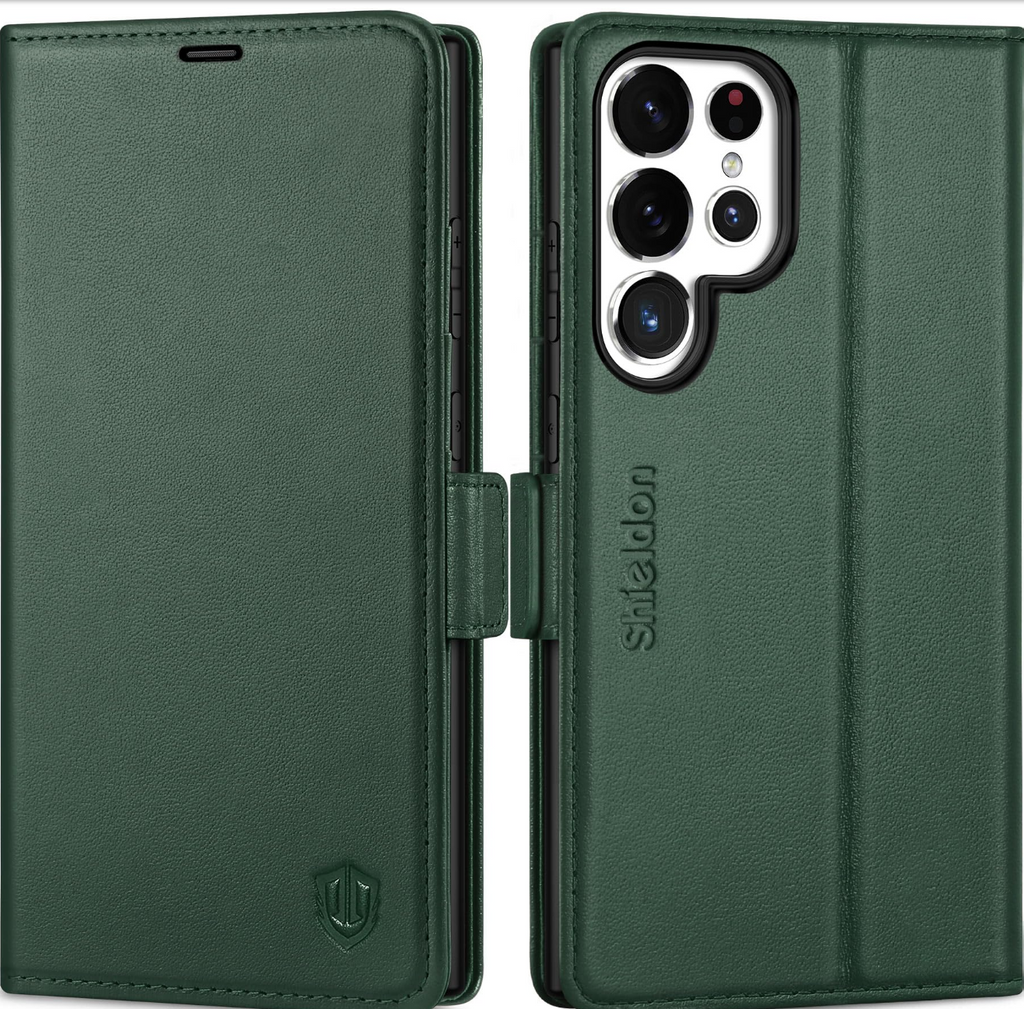 SHIELDON Leather Case for Galaxy S25 Ultra 5G with RFID Blocker – Midnight Green