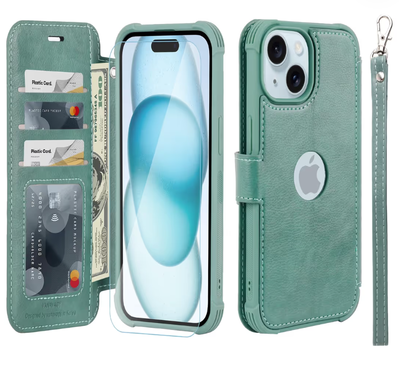 iPhone 15 Plus Wallet Case RFID Flip Leather Cover with Card Holder – Forest Green