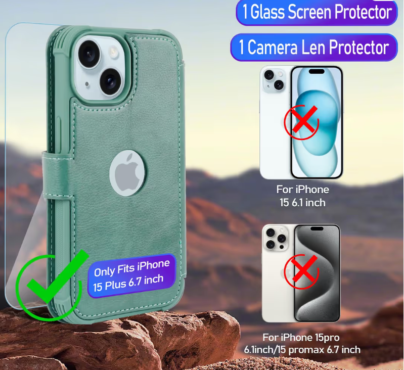iPhone 15 Plus Wallet Case RFID Flip Leather Cover with Card Holder – Forest Green