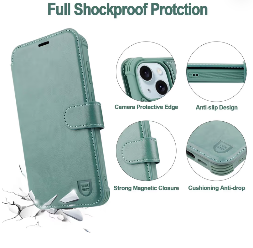 iPhone 15 Plus Wallet Case RFID Flip Leather Cover with Card Holder – Forest Green