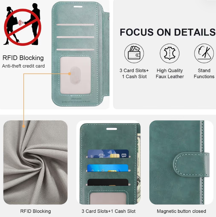 iPhone 15 Plus Wallet Case RFID Flip Leather Cover with Card Holder – Forest Green