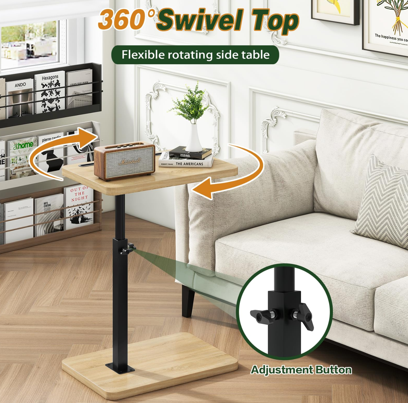 C-Shaped Rotatable Height-Adjustable Sofa Side Table – Natural