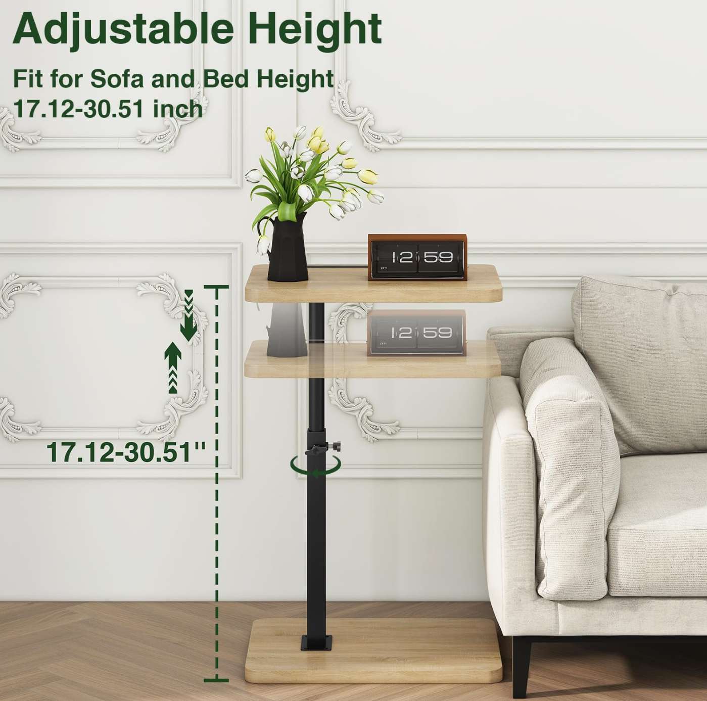 C-Shaped Rotatable Height-Adjustable Sofa Side Table – Natural