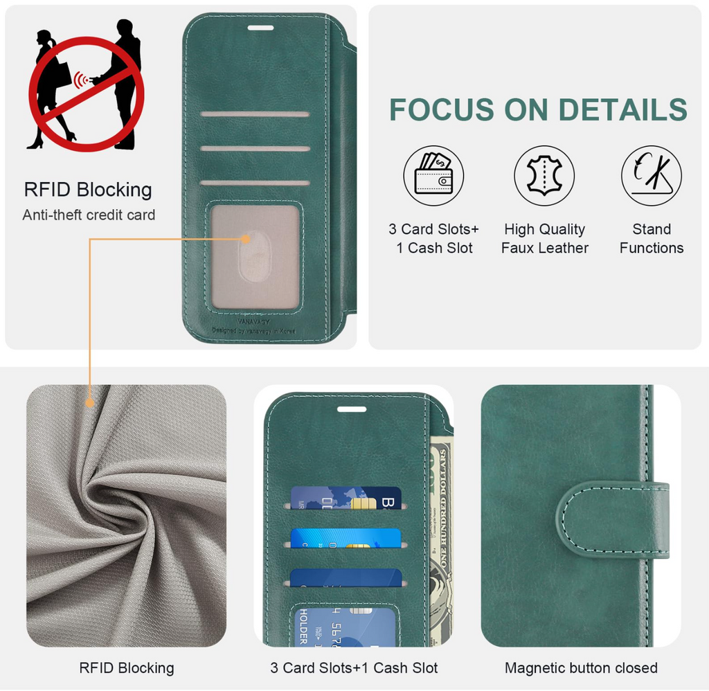iPhone 17 Pro Max Wallet Case Flip Folio Shockproof with RFID Blocking – Forest Green
