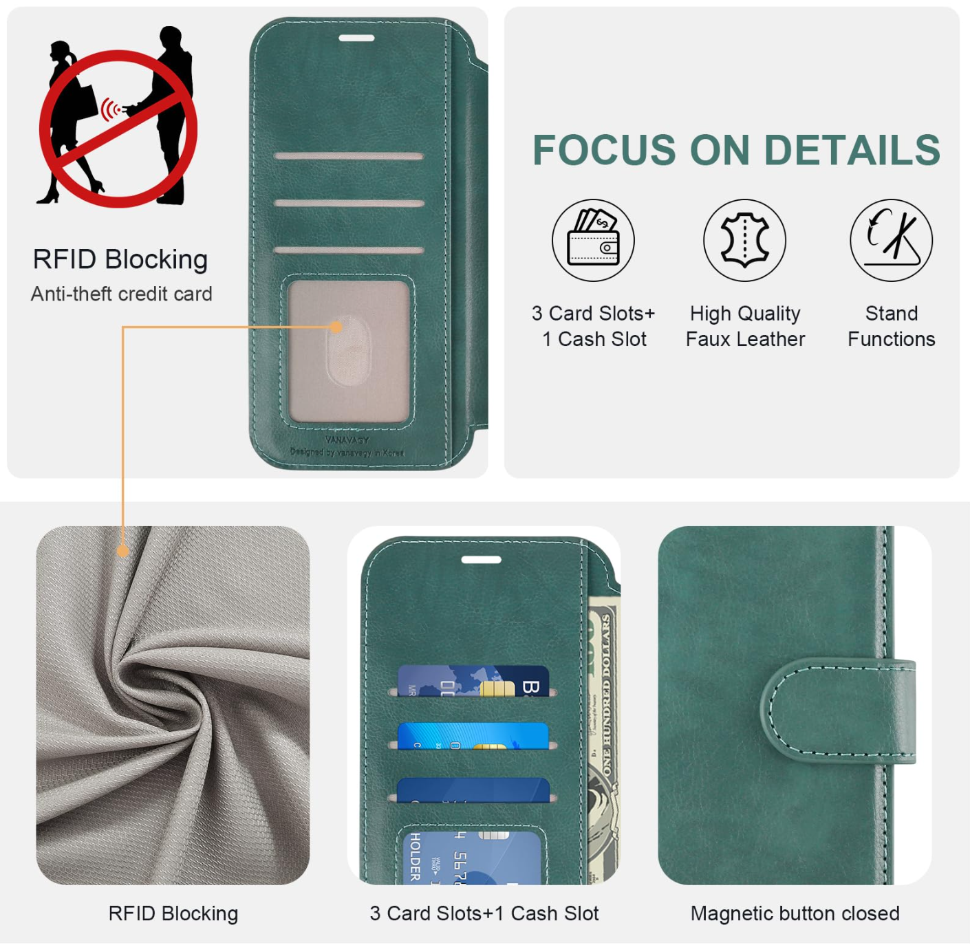 iPhone 17 Pro Max Wallet Case Flip Folio Shockproof with RFID Blocking – Forest Green
