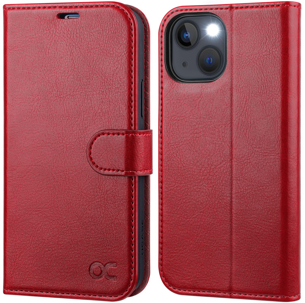 OCASE iPhone 14 Case Premium PU Leather RFID Magnetic Closure – Red
