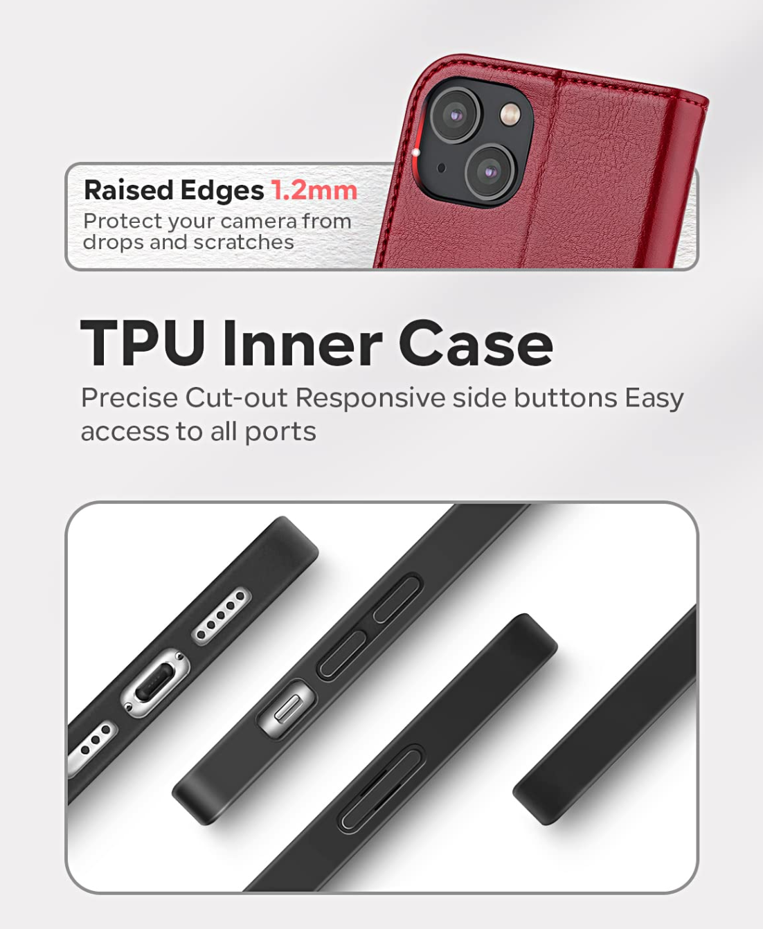 OCASE iPhone 14 Case Premium PU Leather RFID Magnetic Closure – Red
