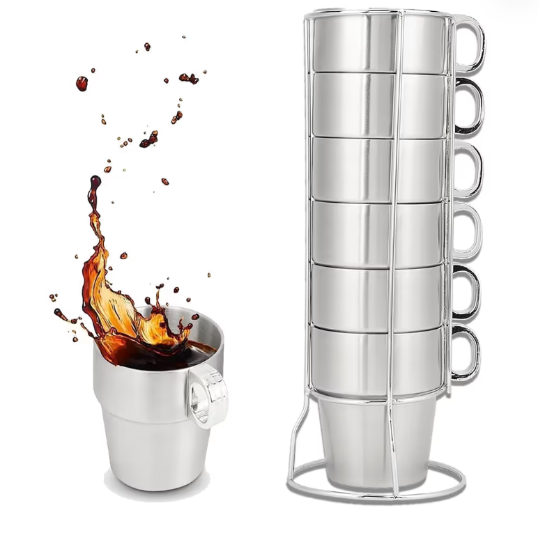 Stackable Stainless Steel Coffee Cups Double-Layer Insulated Mugs with Stand – Set of 6