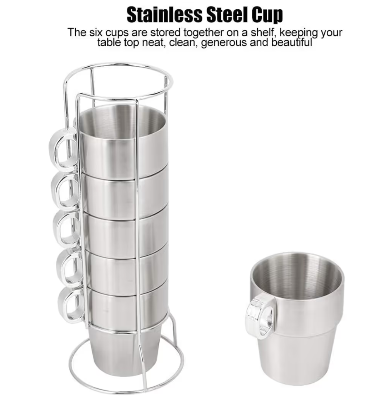 Stackable Stainless Steel Coffee Cups Double-Layer Insulated Mugs with Stand – Set of 6