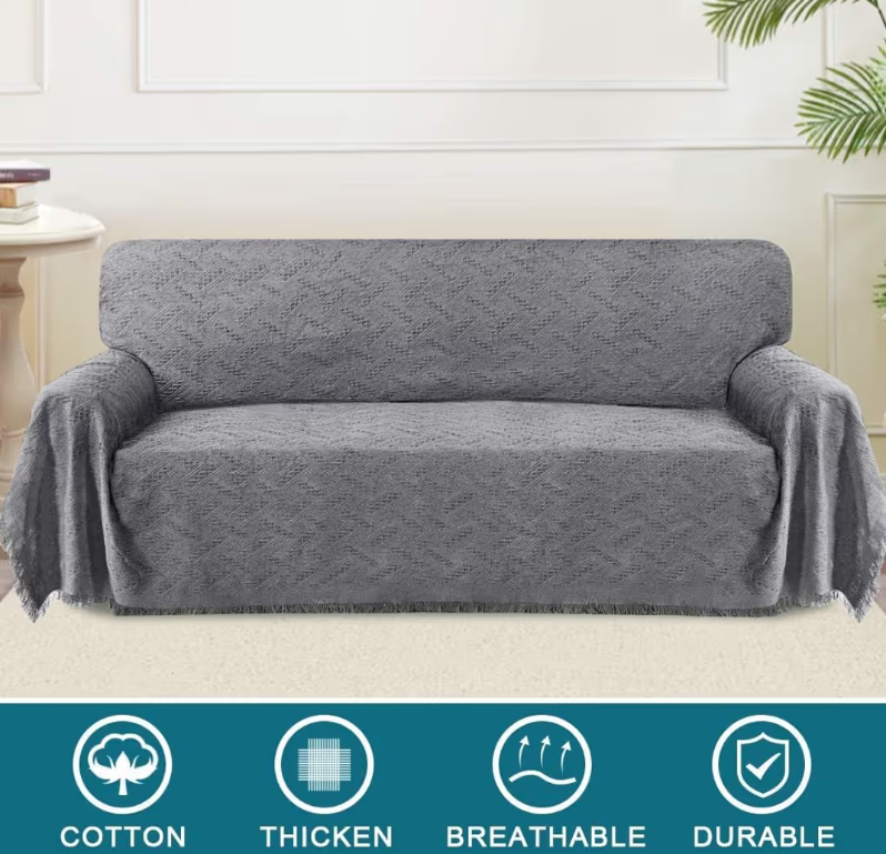 Washable 3 Seater Sofa Cover Cotton Throw Blanket Furniture Protector – Sand 180x300cm