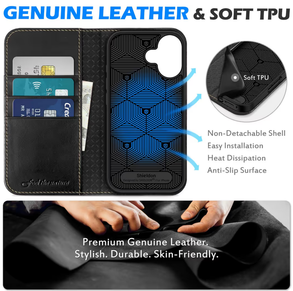 SHIELDON Leather Wallet Case for iPhone 17 6.3-inch RFID Blocking – Retro Black
