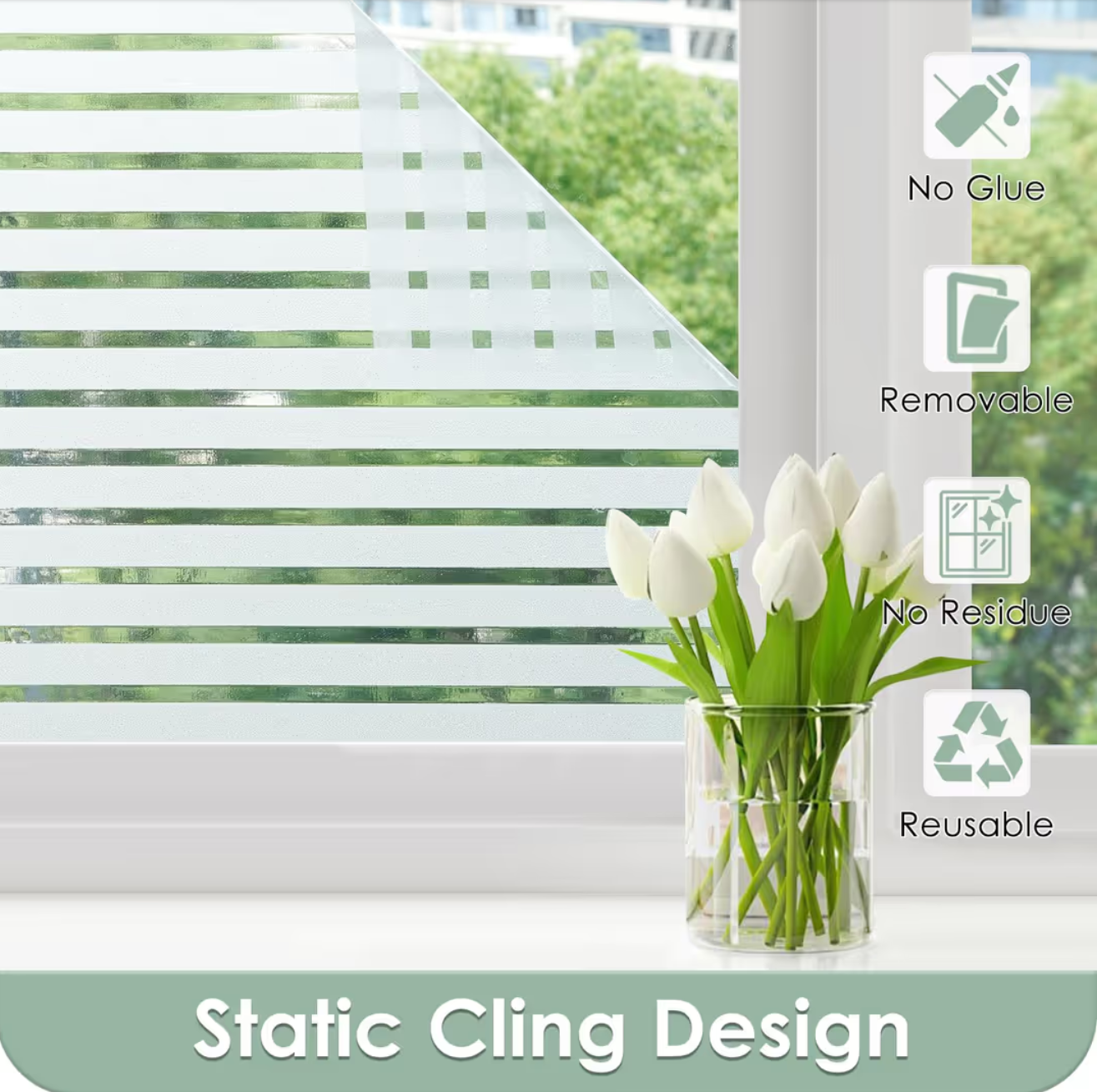rabbitgoo Privacy Window Film Self-Adhesive Frosted Stripes – 90 x 200 cm