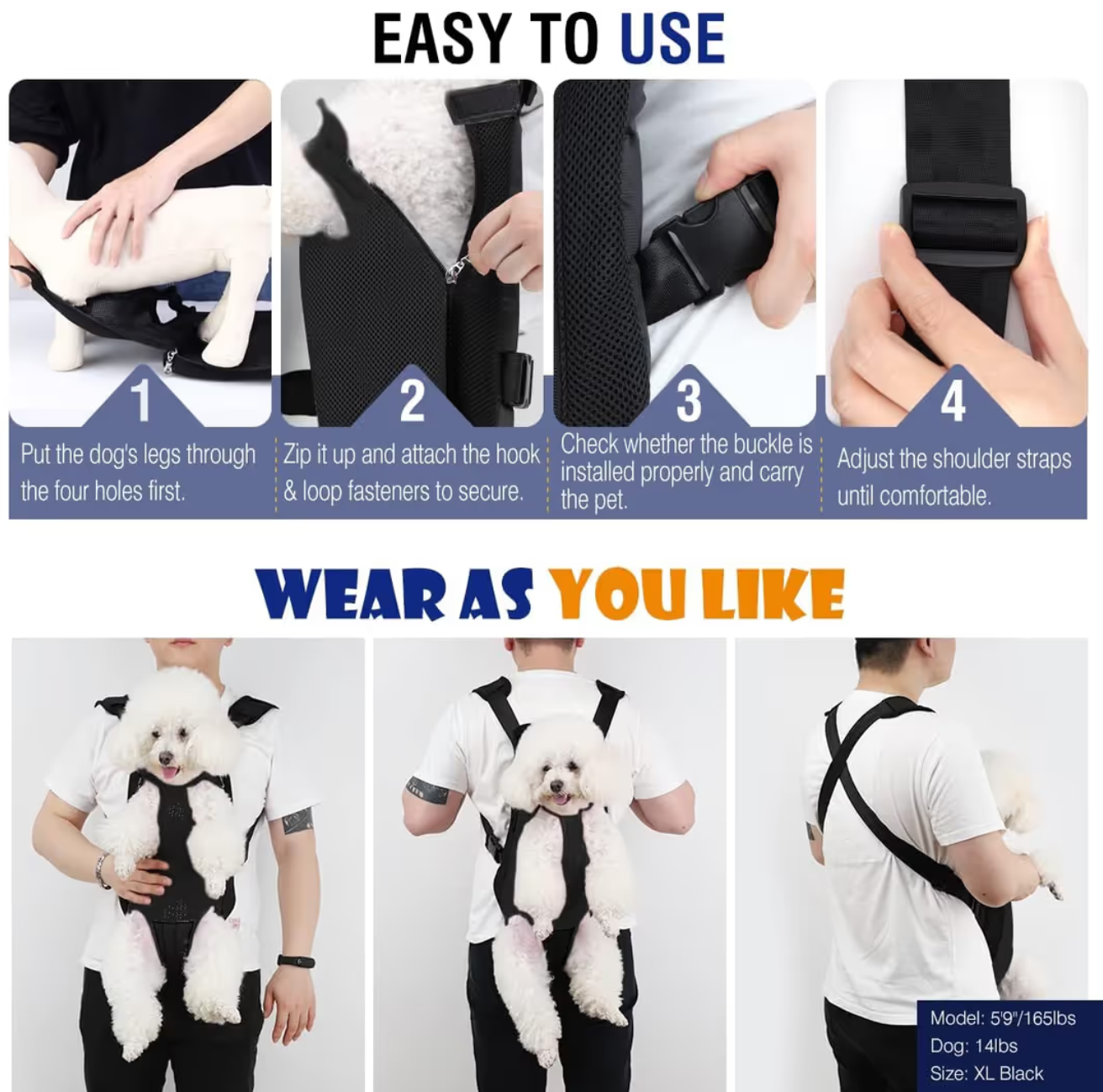 Pawaboo Adjustable Pet Carrier Backpack Legs Out Easy-Fit for Medium Dogs – Black
