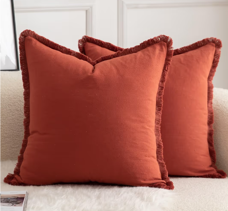 Set of 2 Cotton Fringe Cushion Covers 50x50 cm Decorative Boho Pillowcases – Burnt Brick