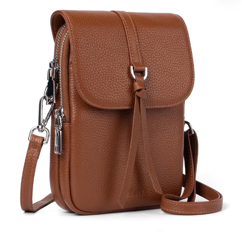 Small Crossbody Bag Genuine Leather RFID Blocking Cell Phone Holder – Brown