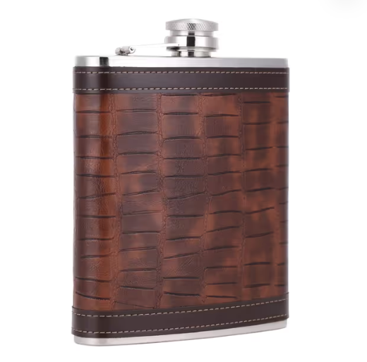 Stainless Steel Whiskey Flask 18oz Crocodile Leather Pattern – Brown
