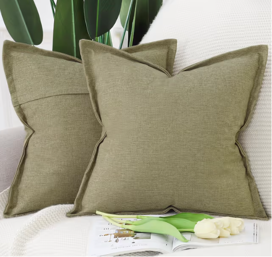 Madizz Set of 2 Linen Cushion Covers with Broad Edge Soft Boho Decorative Pillow Cases for Sofa Bedroom Modern Pillow Shell 24x24 inch, 60x60 cm Moss Green