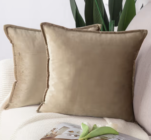 Madizz Pack of 2 Super Soft Velvet Decorative Cushion Covers with Fringe Luxury Style Cushion Case European Pillow Shell for Sofa Bedroom Square Light Brown 24x24 inch, 60x60 cm