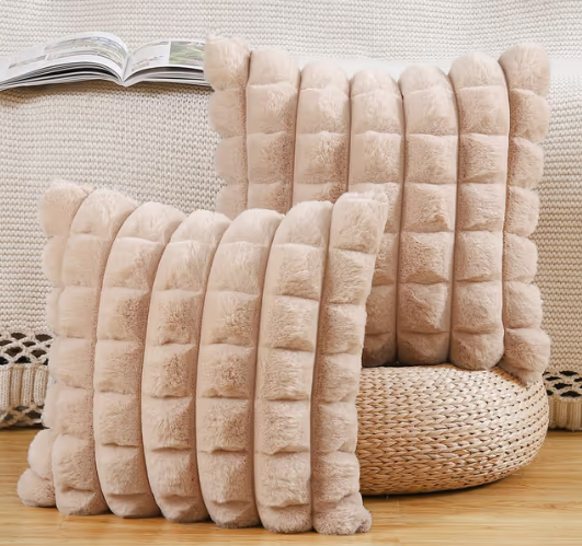 Set of 2 Faux Wool Cushion Covers Decorative Throw Pillow Cases – Camel 18x18 inch